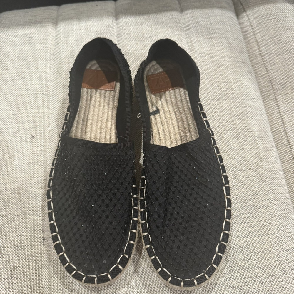 WOMEN ZARA BLACK Sparkle SLIP ON ESPADRILLE FLAT MULE BLACK EU-39 US 8.5